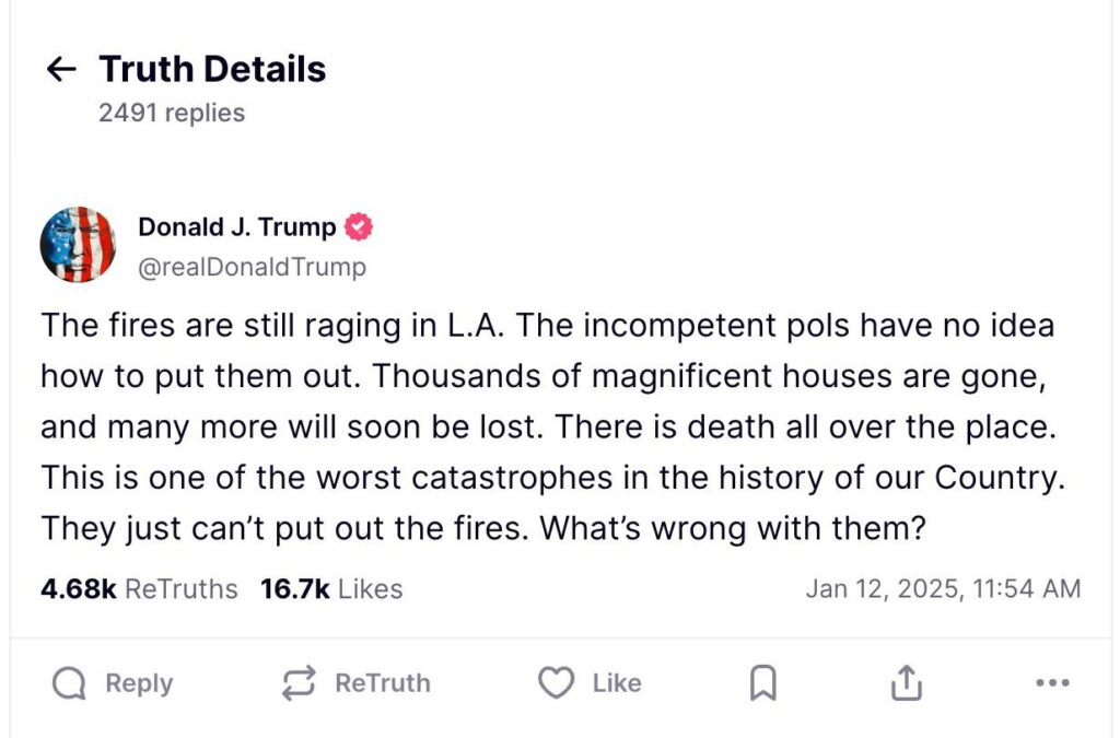 Trump Calls Officials Handling Los Angeles Wildfires ‘Incompetent 1